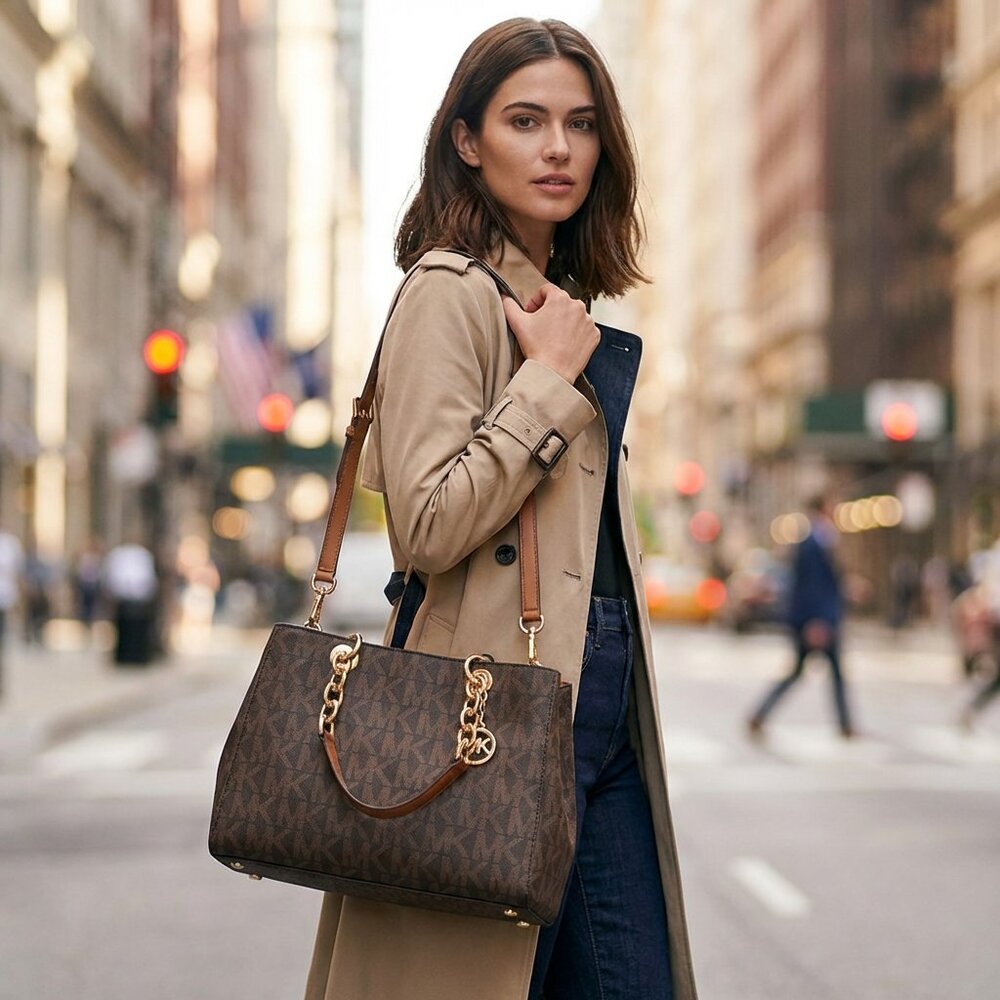 Michael Kors Brown Cynthia Convertible Saffiano Leather Crossbody Satchel Bag - Picture 2 of 12